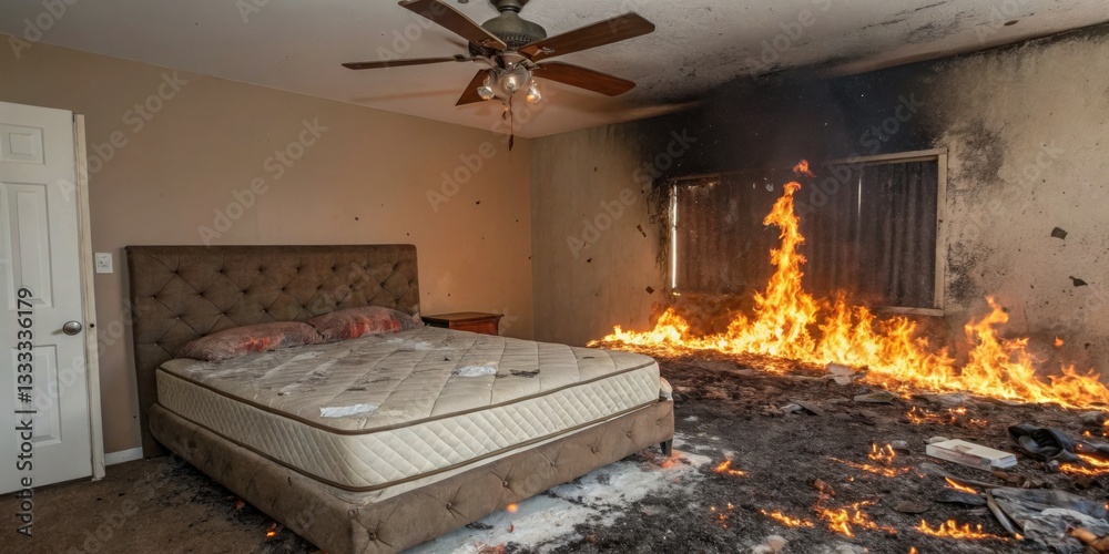 Fire engulfs bedroom causing destruction and chaos during a morning blaze in suburban home