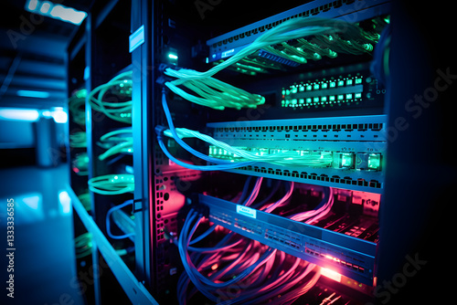 Data center with server racks in a corridor room. 3D render of digital data and cloud technology

