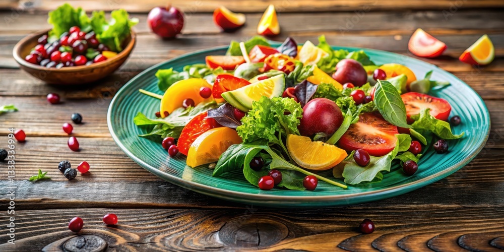 Fresh mixed greens salad with colorful seasonal vegetables and fresh fruits on a wooden table, colorful plate, fruit and vegetable Fresh mixed greens salad with colorful seasonal vegetables and fresh fruits on a wooden table, colorful plate, fruit and vegetable