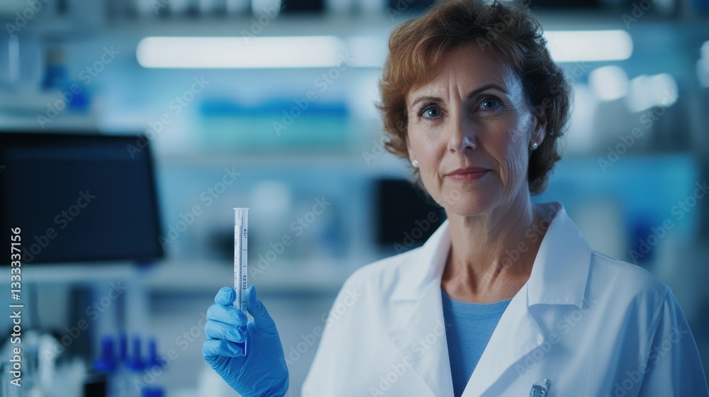 A serious European woman in her forties, dressed in a lab coat, holds a test tube in a modern laboratory setting, showcasing her professional expertise in science.
