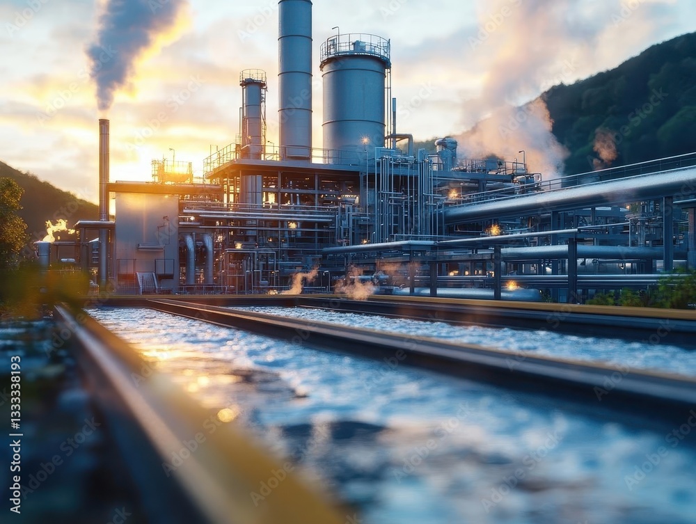 Obraz premium A geothermal energy plant producing electricity using heat from the Earth s core, Geothermal Energy, Sustainable and innovative