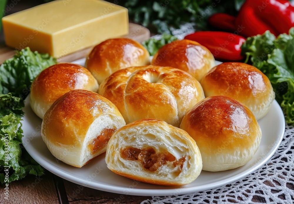 Freshly Baked Soft Bread Rolls Filled with Sweet Filling on a Ceramic Plate Surrounded by Fresh Vegetables and Cheese in a Bright Kitchen Setting Freshly Baked Soft Bread Rolls Filled with Sweet Filling on a Ceramic Plate Surrounded by Fresh Vegetables and Cheese in a Bright Kitchen Setting