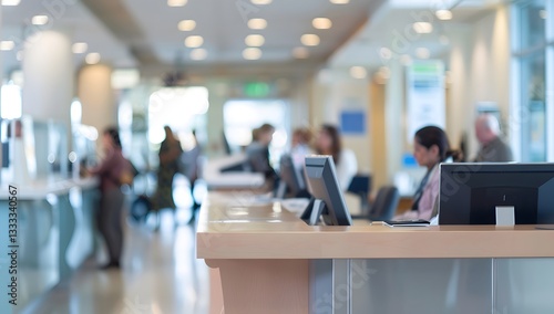 Modern Bank Lobby Interior with Reception Desk, Customer Service, and People