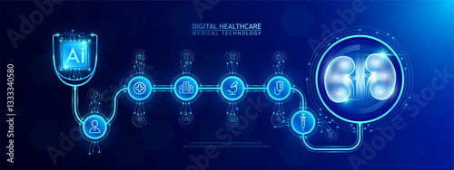 Kidney organ human and AI chip medical in stethoscope with icon cross, syringe, hospital, doctor. Technology digital health care check up modern. Dark blue background banner vector.