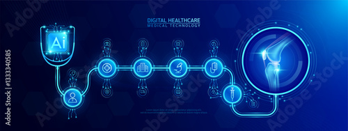 Knee joint bone and AI chip medical in stethoscope with icon cross, syringe, hospital, doctor. Technology digital health care check up modern. Dark blue background banner vector.