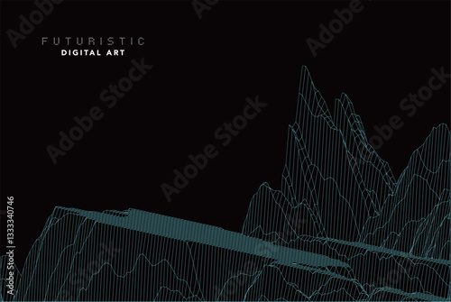 futuristic abstract digital cyan wave line art, dynamic 3d terrain mesh with particle grid, technology wireframe landscape, cyber data flow visualization for modern sci-fi background creative design