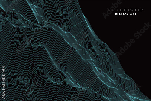 futuristic abstract digital cyan wave line art, dynamic 3d terrain mesh with particle grid, technology wireframe landscape, cyber data flow visualization for modern sci-fi background creative design