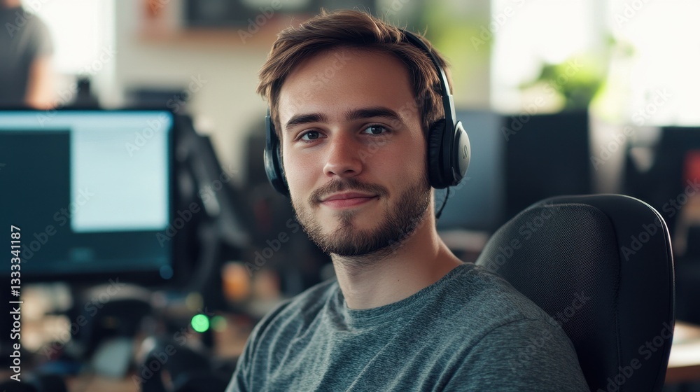 Fototapeta premium This image features a confident young male software developer sitting in a modern office. With headphones on and a friendly smile, he embodies the spirit of innovation and professionalism.