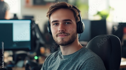 This image features a confident young male software developer sitting in a modern office. With headphones on and a friendly smile, he embodies the spirit of innovation and professionalism.