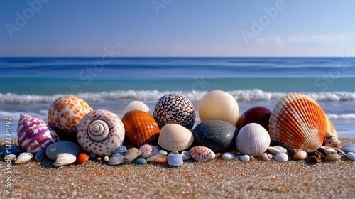 Colorful seashells and stones on sandy beach by ocean