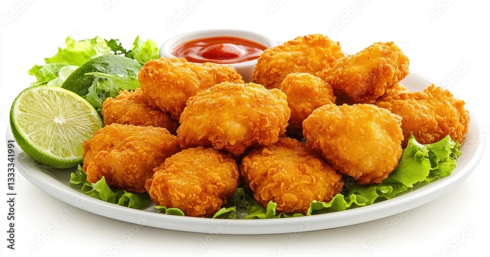 Freshly Fried Chicken Nuggets Served on a White Plate with Crisp Lettuce, Lime Wedges, and Dipping Sauce for Delicious Snack Ideas