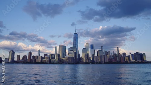 New York Manhattan at evening time lapse. Sunset in New York Lower Manhattan Financial District Hudson River timelapse . From New york with love. Manhattan New York Cityscape NYC. View of Manhattan