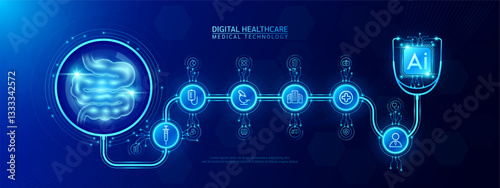 Small intestine organ human and AI chip medical in stethoscope with icon cross, syringe, hospital, doctor. Technology digital health care check up modern. Dark blue background banner vector.