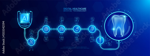 Tooth and AI chip medical in stethoscope with icon cross, syringe, hospital, doctor. Technology digital health care check up modern. Dark blue background banner vector.
