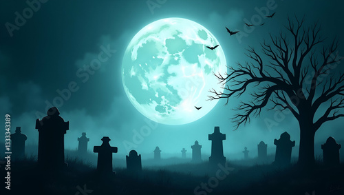Eerie panoramic Halloween graveyard scene with misty atmosphere and glowing moon