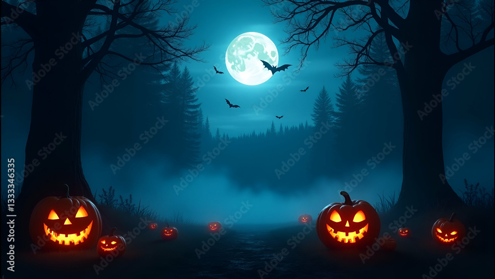 Enchanting Halloween Night, Spooky Pumpkins Glow Under a Silvery Moon Enchanting Halloween Night, Spooky Pumpkins Glow Under a Silvery Moon