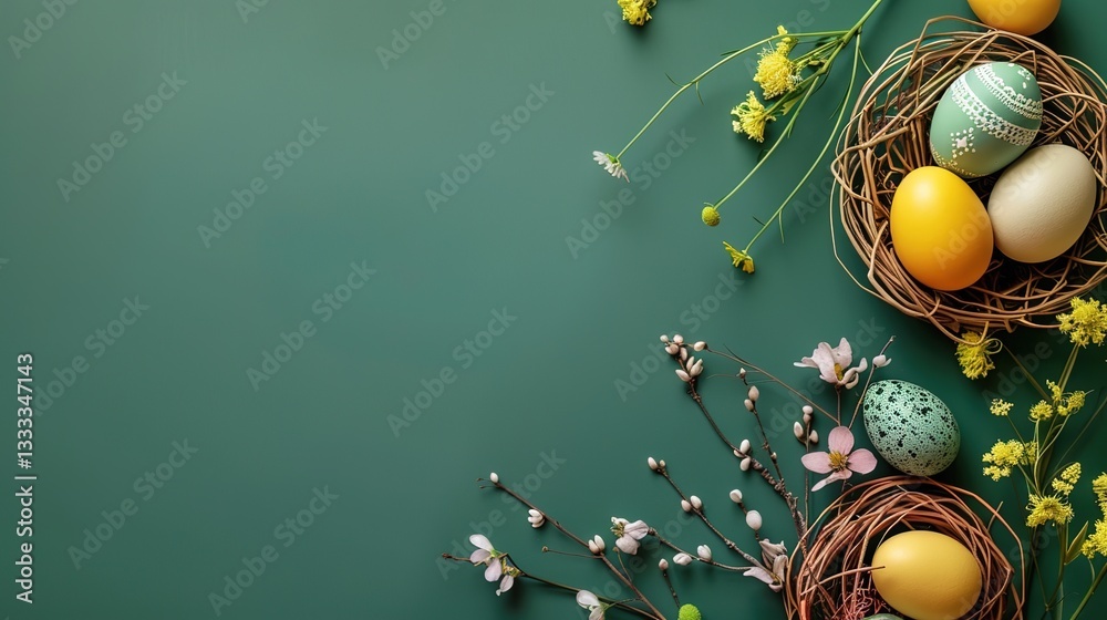 Fototapeta premium Easter Dark Green Background: Interweaving Nature and Hope, Rendering a Sacred Celebration