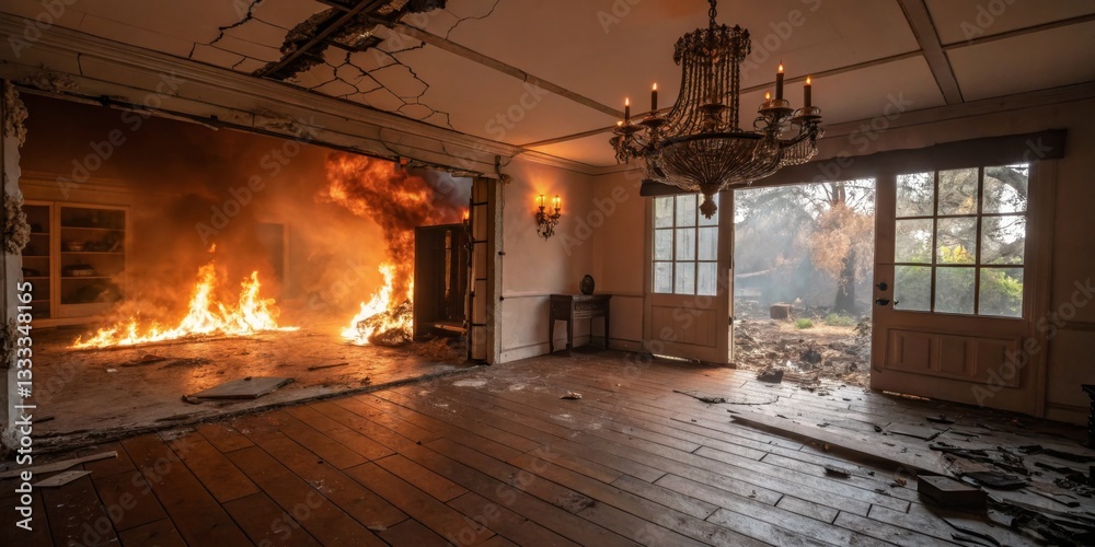 Fire engulfs room and home interior in a disaster scene during evening hours