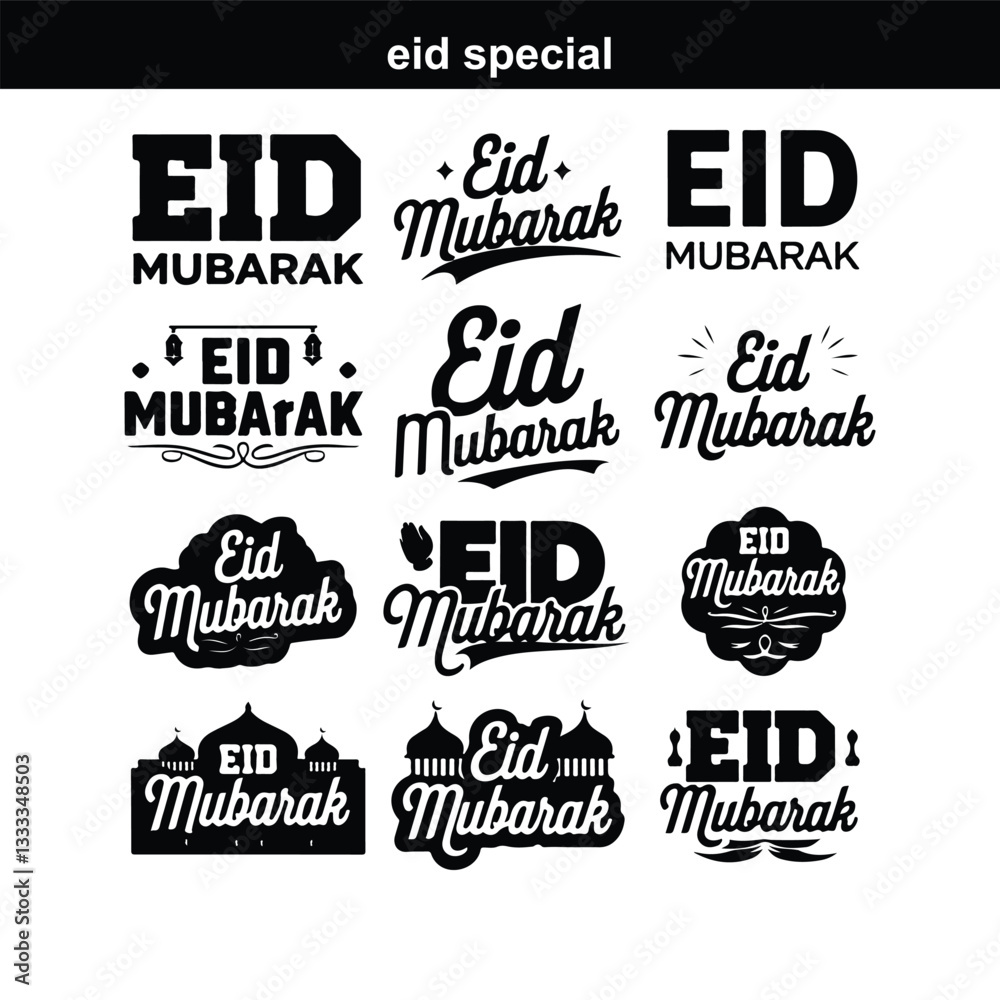 Obraz premium Happy Eid. Calligraphy set. Vector logo, emblems, text design. Usable for banners, greeting cards, Eid Adha and Fitr Arabic calligraphy - collection, set, package designs Eid Mubarak - Calligraphy tex