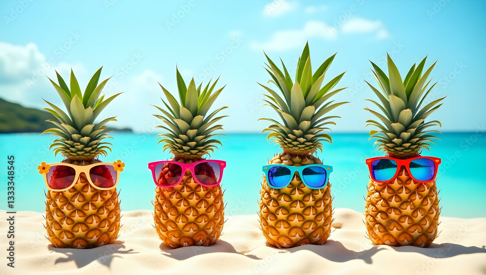 Fototapeta premium Four pineapples on a beach vacation wearing colorful sunglasses having fun