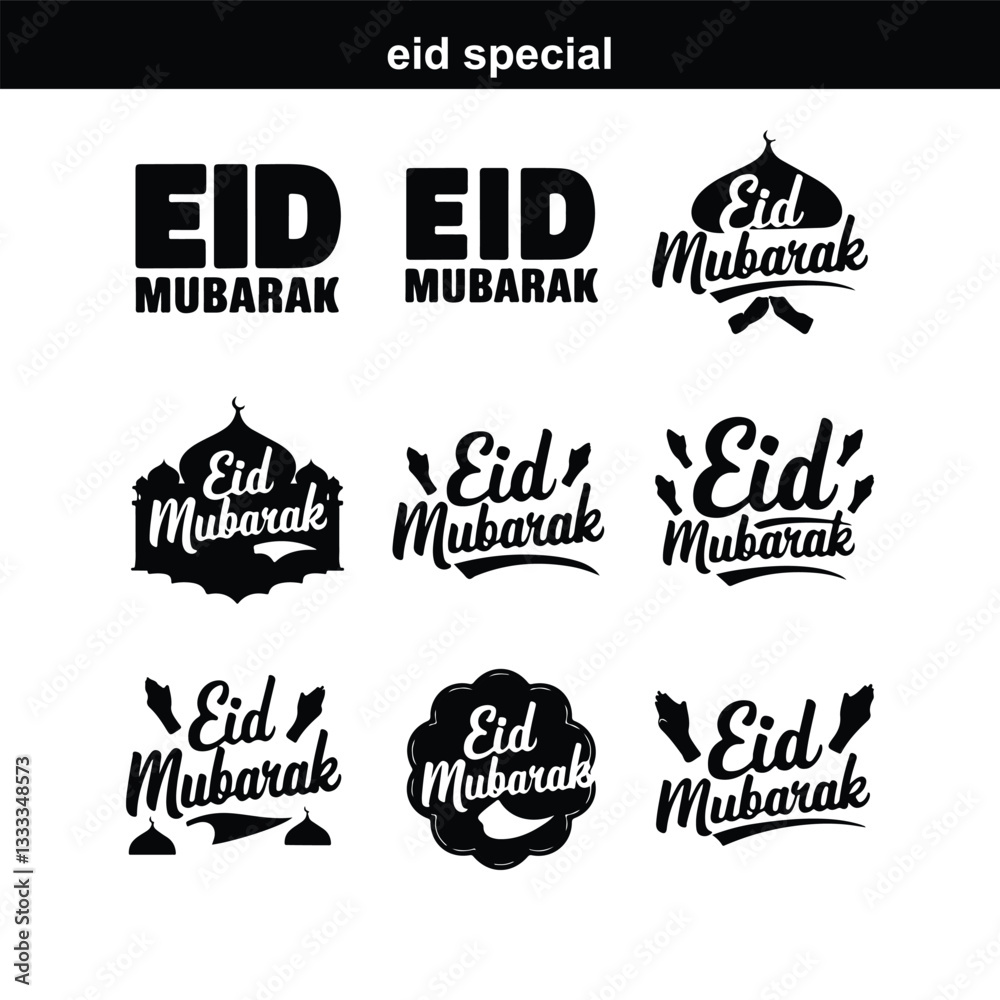 Fototapeta premium Happy Eid. Calligraphy set. Vector logo, emblems, text design. Usable for banners, greeting cards, Eid Adha and Fitr Arabic calligraphy - collection, set, package designs Eid Mubarak - Calligraphy tex