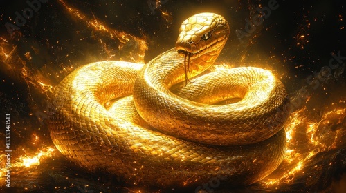 A majestic golden serpent coiled gracefully around a mystical orb surrounded by flames representing power and mystery