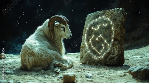Unique goat with a clock in its mouth symbolizing the capricorn zodiac sign in a creative artistic representation