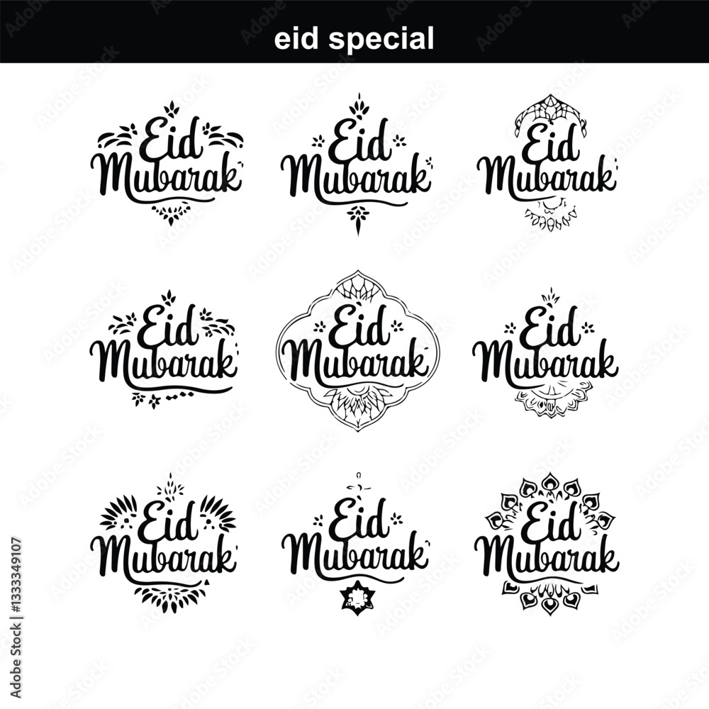 Happy Eid. Calligraphy set. Vector logo, emblems, text design. Usable for banners, greeting cards, Eid Adha and Fitr Arabic calligraphy - collection, set, package designs Eid Mubarak - Calligraphy tex