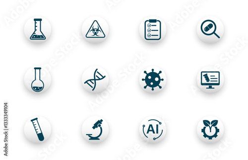 Laboratory icon. Set of solid vector icons for test tubes, virology, microscope, research, biohazard.