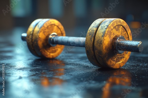 Golden Barbell Dumbbell Weight on Gym Floor: Fitness, Strength Training, Bodybuilding Background Closeup
