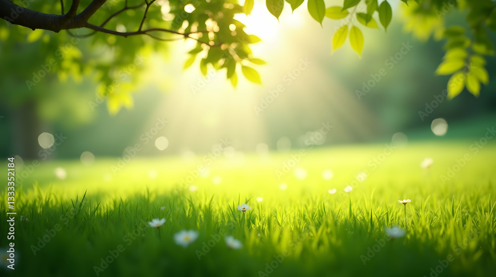 Obraz premium Idyllic Meadow Scene, Sundrenched Grass and Scattered Wildflowers in Focus