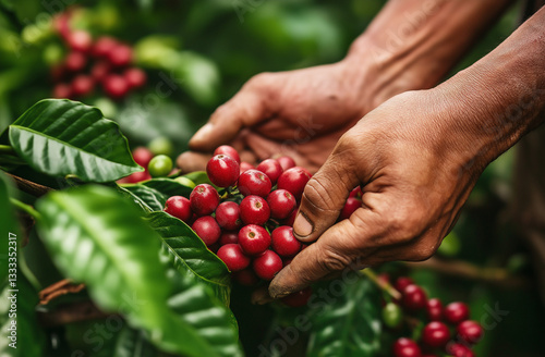 Close-Up of Hands Harvesting Coffee Cherries – Lush Greenery & Sustainable Farming in Natural Setting