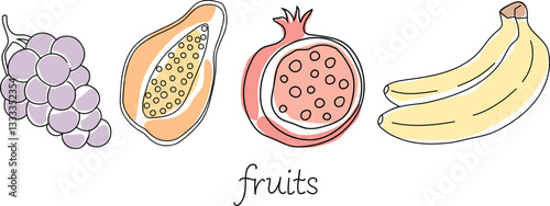 Colorful illustration of various fruits including grapes, papaya, pomegranate, and bananas