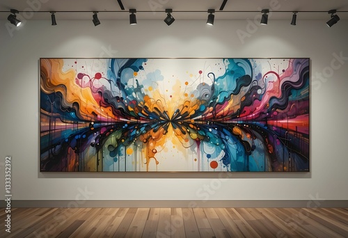 vibrant abstract watercolor painting with symmetrical design on gallery wall