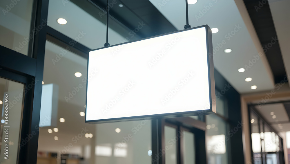 Illuminated rectangular sign hanging in a modern commercial space interior Illuminated rectangular sign hanging in a modern commercial space interior