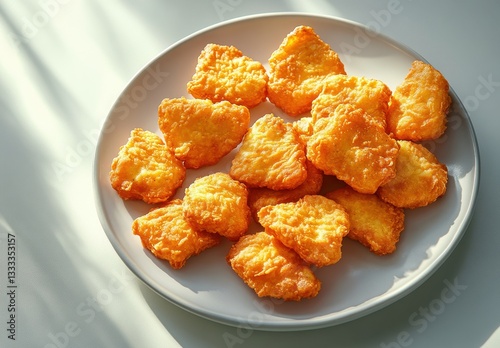 Golden Brown Crispy Chicken Nuggets Served on White Plate with Soft Natural Lighting Highlighting Deliciousness and Texture for Food Photography
