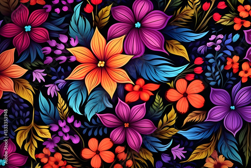 Densely packed tiny blossoms in a variety of colors, rendered in watercolor
