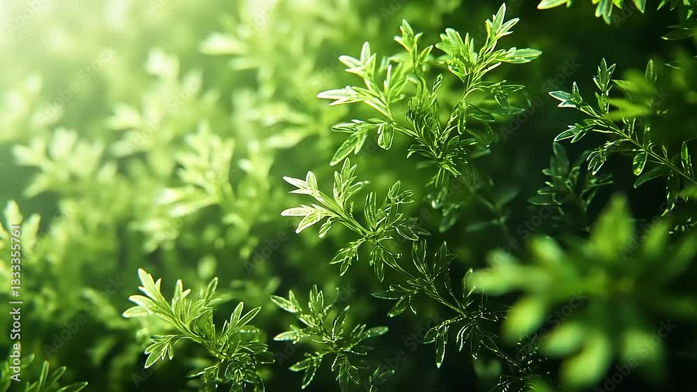 Lush green foliage illuminated by soft sunlight, creating a serene natural ambiance