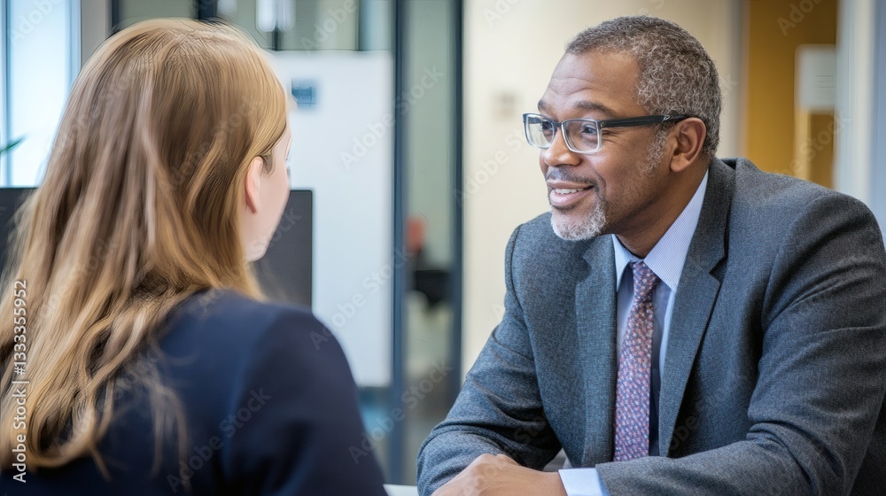 A suited man and woman engaged in a friendly conversation A suited man and woman engaged in a friendly conversation