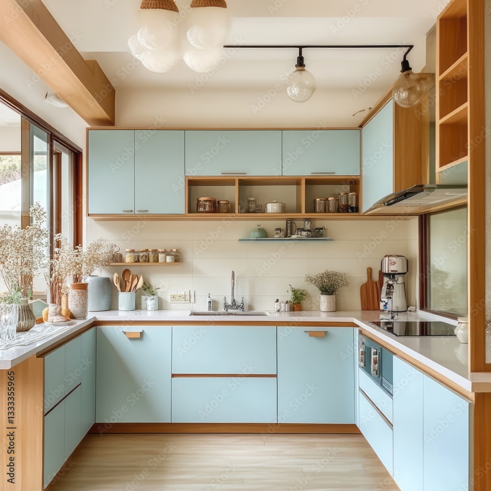 Fototapeta premium A modern light blue and wooden kitchen interior design space
