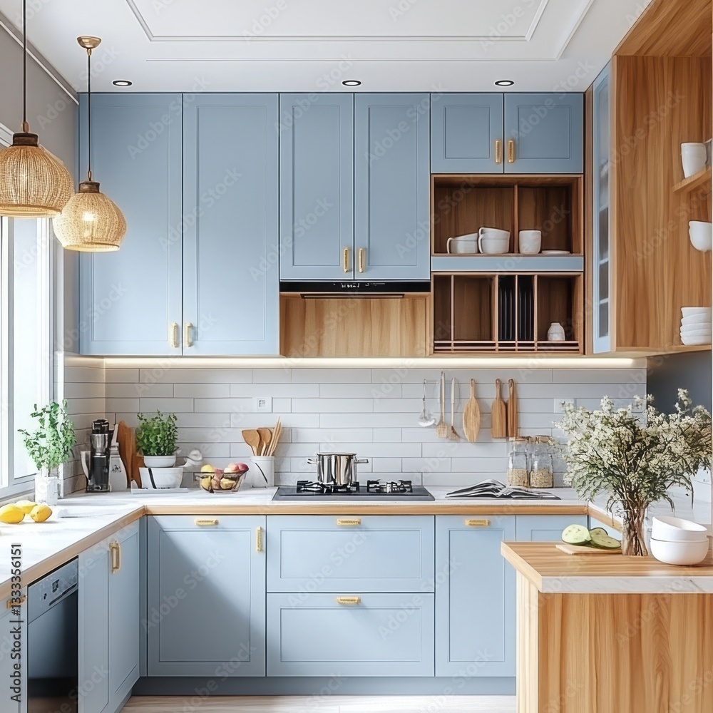 A modern and bright kitchen with light blue cabinetry A modern and bright kitchen with light blue cabinetry