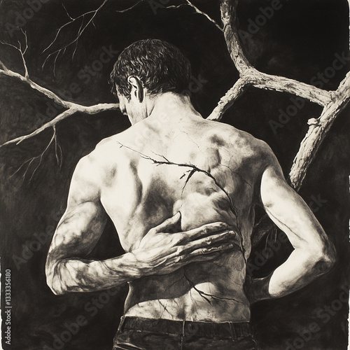 Surreal black and white artwork of a muscular man with a tree branch growing from his back, symbolic conceptual photography exploring nature, strength, and human connection