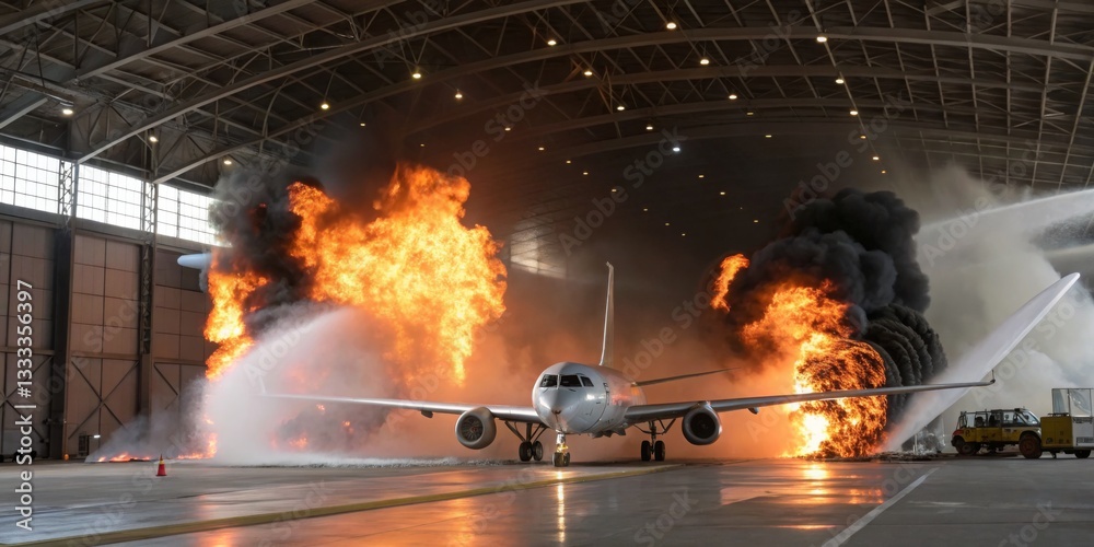 Emergency firefighting drill showcases response tactics at aviation facility during daylight hours