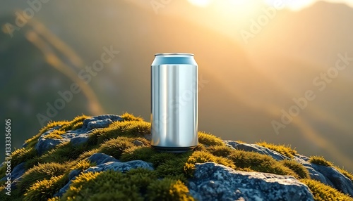 Blank Metallic Soda Outdoor Beer Drink Mountain Rock Moss Grass Sunshine