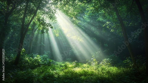 Majestic Sunlight Streaming Through Lush Green Forest Canopy