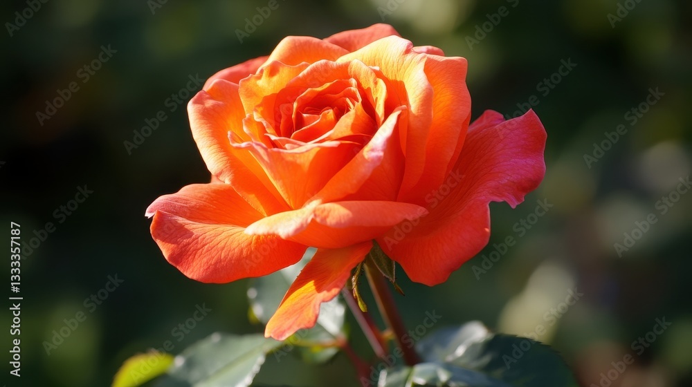 Bright Orange Rose Bloom with Green Background in Garden Setting Bright Orange Rose Bloom with Green Background in Garden Setting