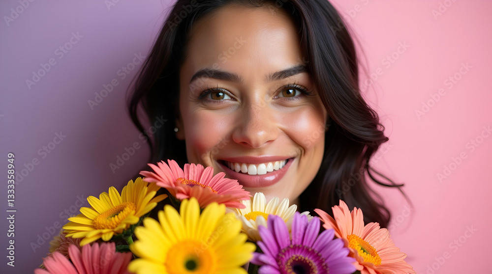 Portrait of a joyful woman with a warm smile holding colorful flowers Portrait of a joyful woman with a warm smile holding colorful flowers
