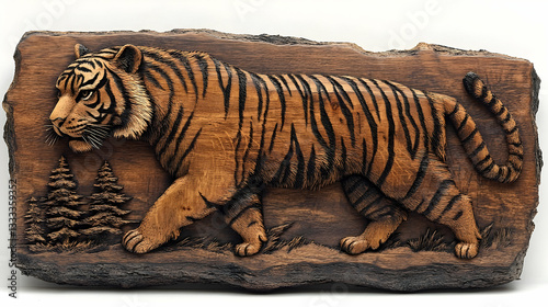 Intricately carved wooden tiger sculpture walking through a forest scene, showcasing craftsmanship photo