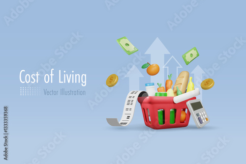 High cost of living, high graph on grocery foods and drinks in shopping basket. Money spending on expensive food and drink price, economic and inflation concept. 3D vector.