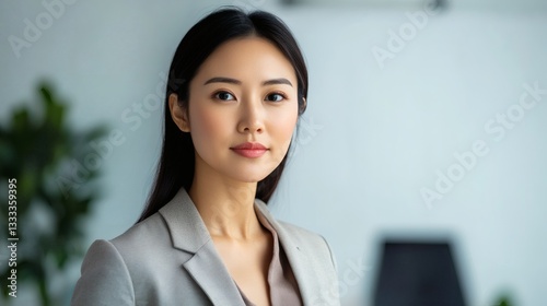 A beautiful and professional woman is looking directly at the camera